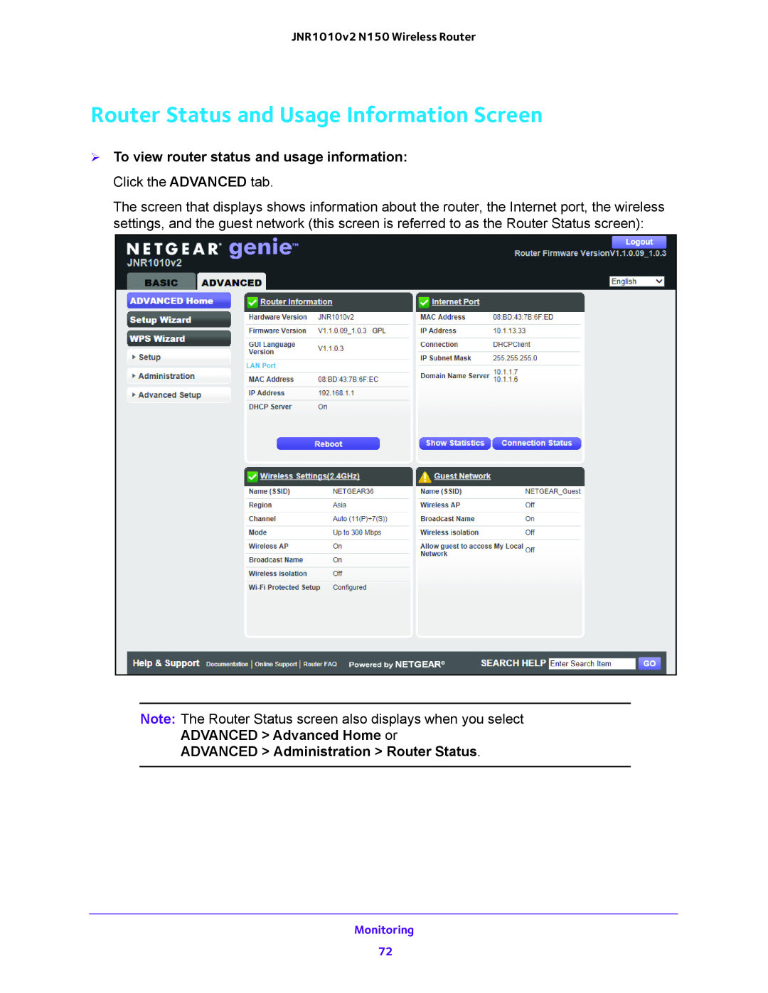 NETGEAR JNR1010V2 user manual Router Status and Usage Information Screen 