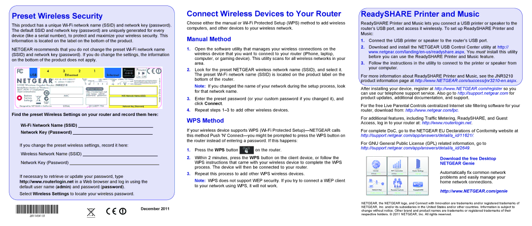 NETGEAR JNR3210 manual Preset Wireless Security, Connect Wireless Devices to Your Router, ReadySHARE Printer and Music 