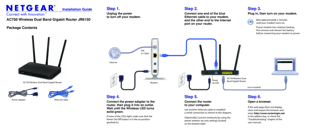 NETGEAR JR6150 user manual Installation Guide, Plug in, then turn on your modem, Connect the router to your computer 