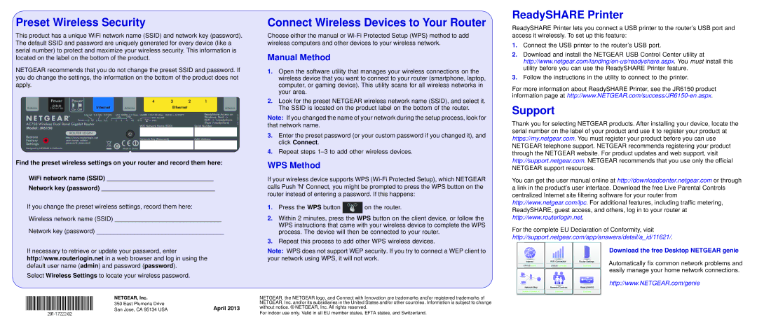 NETGEAR JR6150 user manual Preset Wireless Security, Connect Wireless Devices to Your Router, ReadySHARE Printer, Support 