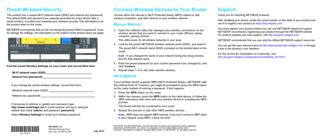 NETGEAR JWNR2010v3 Preset Wireless Security, Connect Wireless Devices to Your Router, Support, Manual Method, WPS Method 