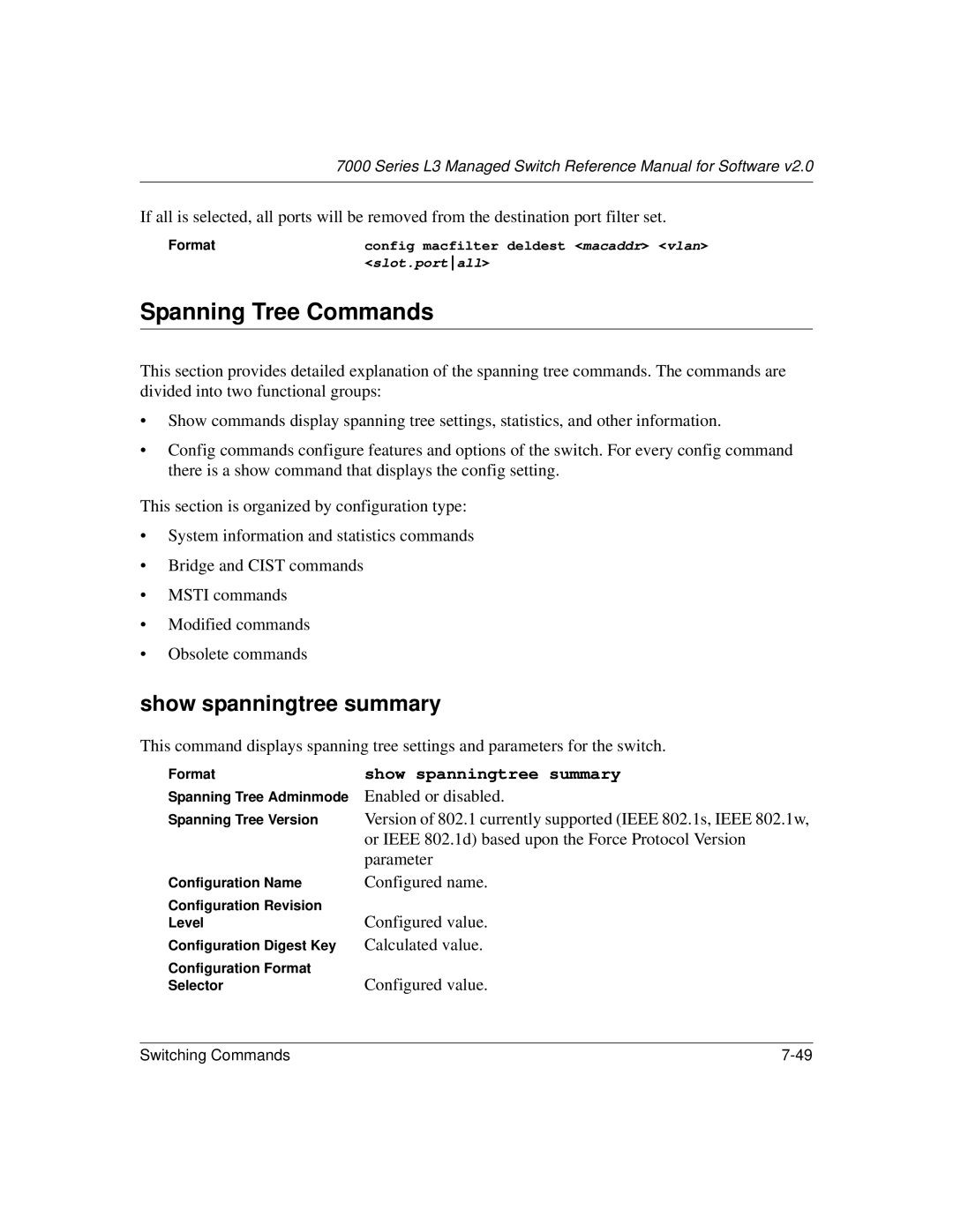 NETGEAR L3 manual Spanning Tree Commands, Show spanningtree summary 