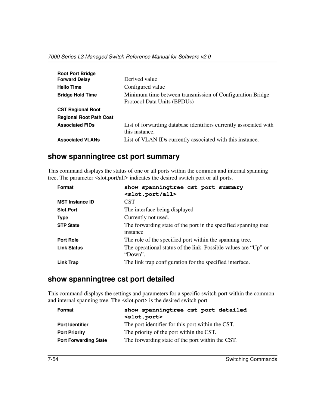 NETGEAR L3 manual Show spanningtree cst port summary, Show spanningtree cst port detailed 