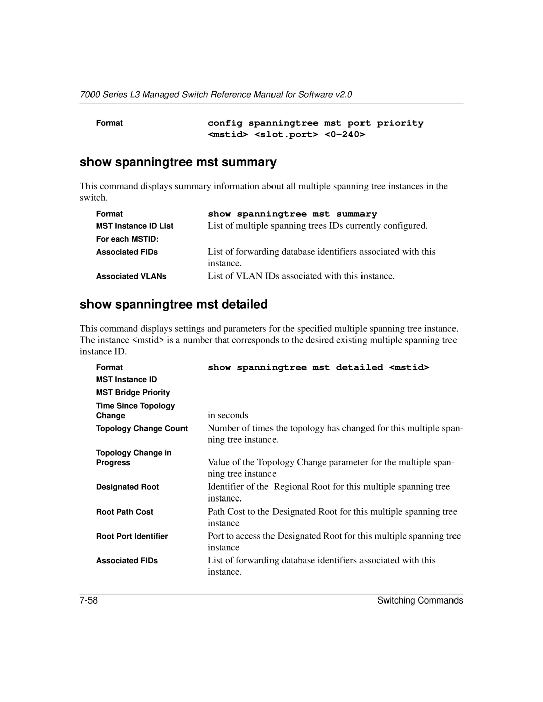 NETGEAR L3 manual Show spanningtree mst summary, Show spanningtree mst detailed, Instance 