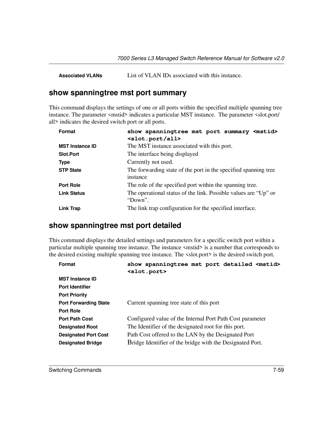 NETGEAR L3 manual Show spanningtree mst port summary, Show spanningtree mst port detailed 