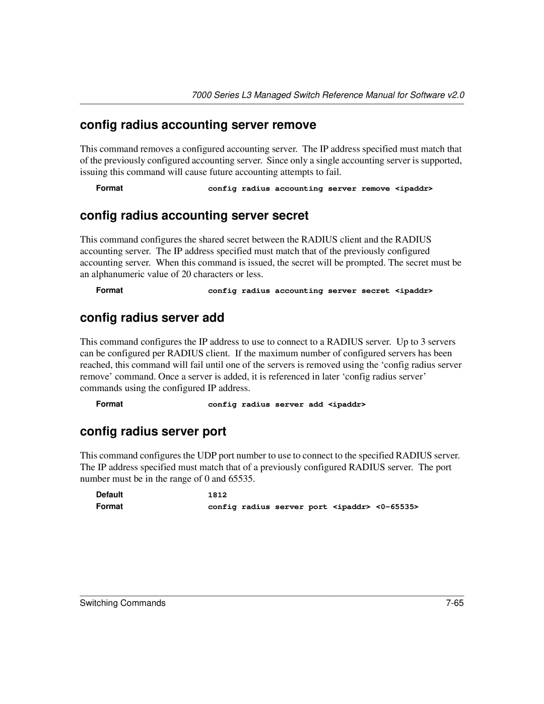 NETGEAR L3 manual Config radius accounting server remove, Config radius accounting server secret, Config radius server add 