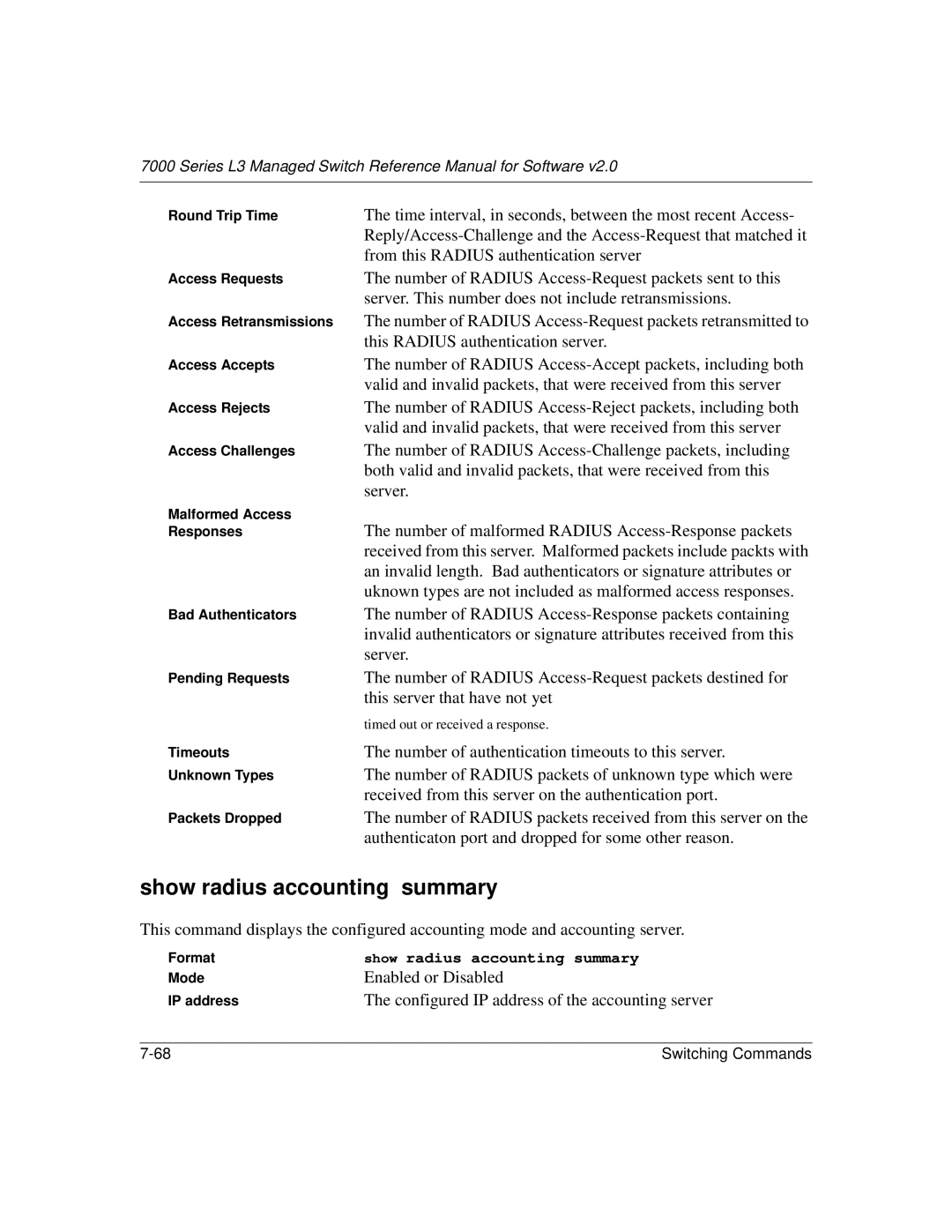 NETGEAR L3 manual Show radius accounting summary, Configured IP address of the accounting server 