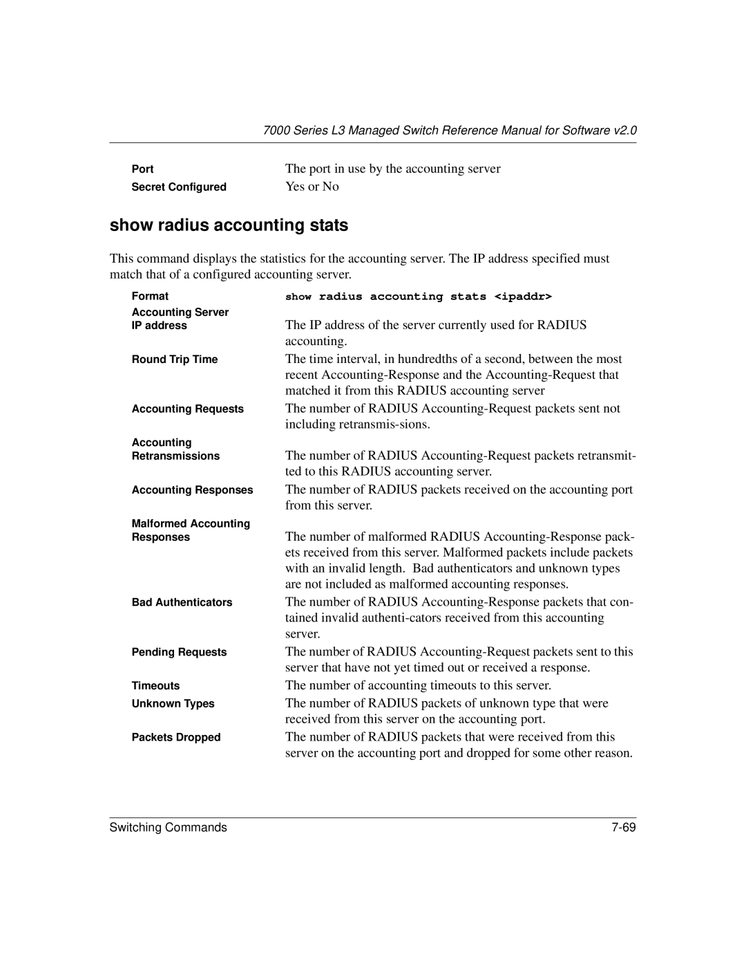 NETGEAR L3 manual Show radius accounting stats, Port in use by the accounting server, Yes or No 