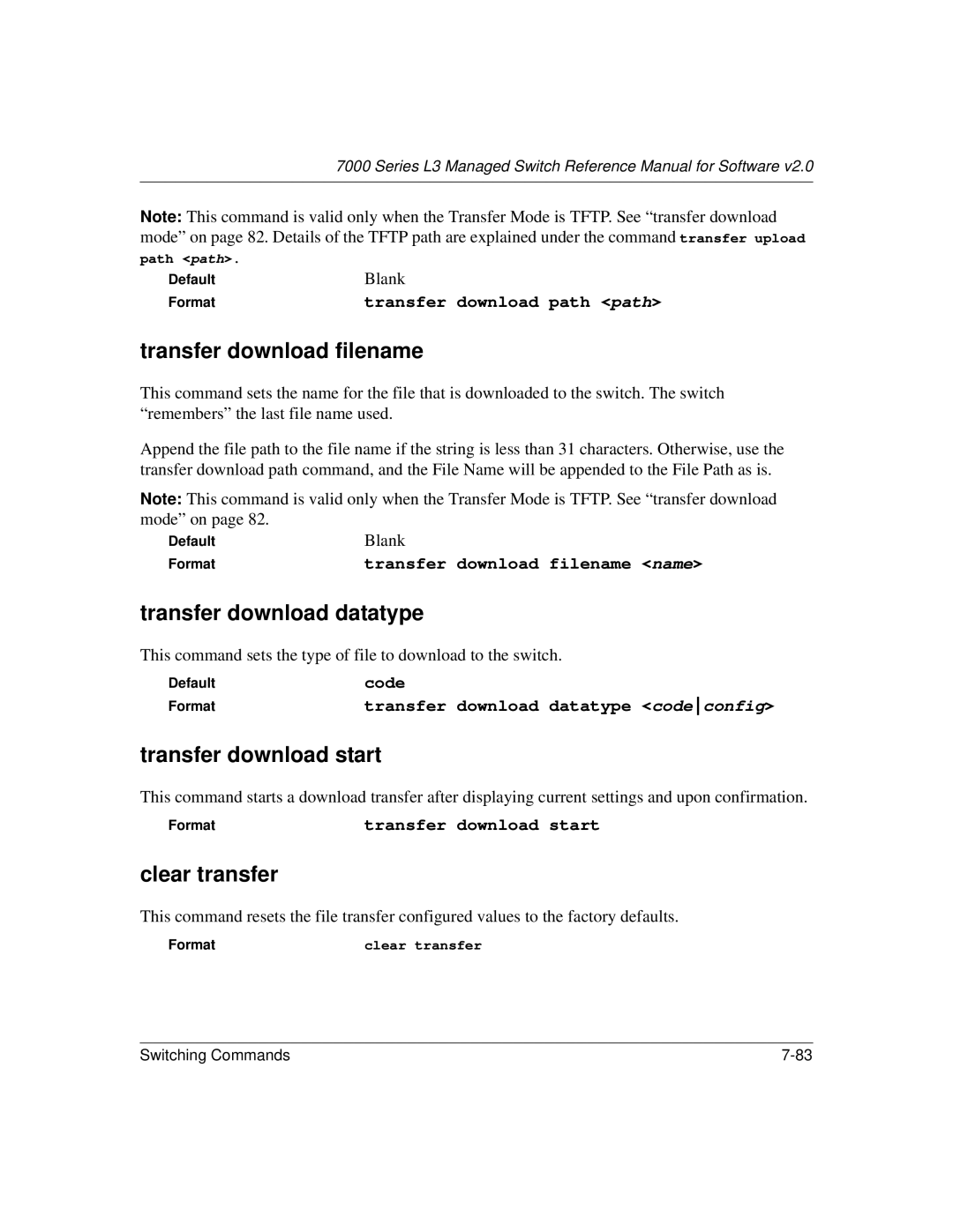 NETGEAR L3 manual Transfer download filename, Transfer download datatype, Transfer download start, Clear transfer, Code 