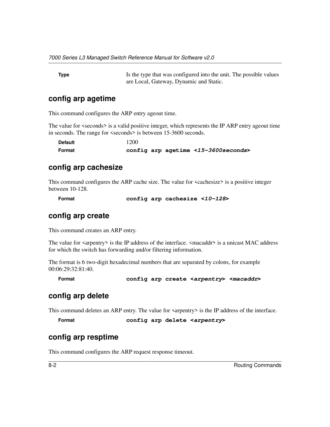 NETGEAR L3 manual Config arp agetime, Config arp cachesize, Config arp create, Config arp delete, Config arp resptime 