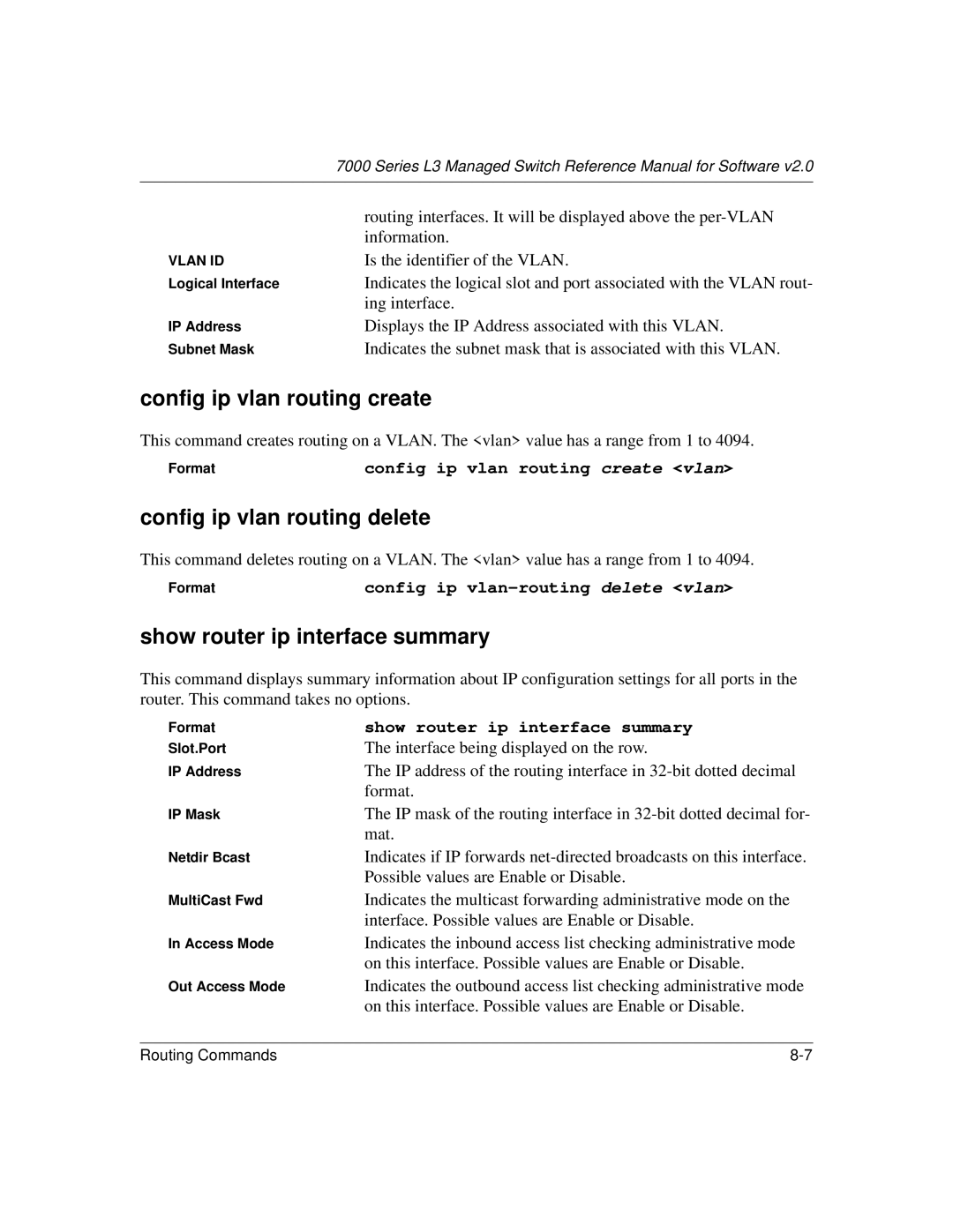 NETGEAR L3 manual Config ip vlan routing create, Config ip vlan routing delete, Show router ip interface summary 