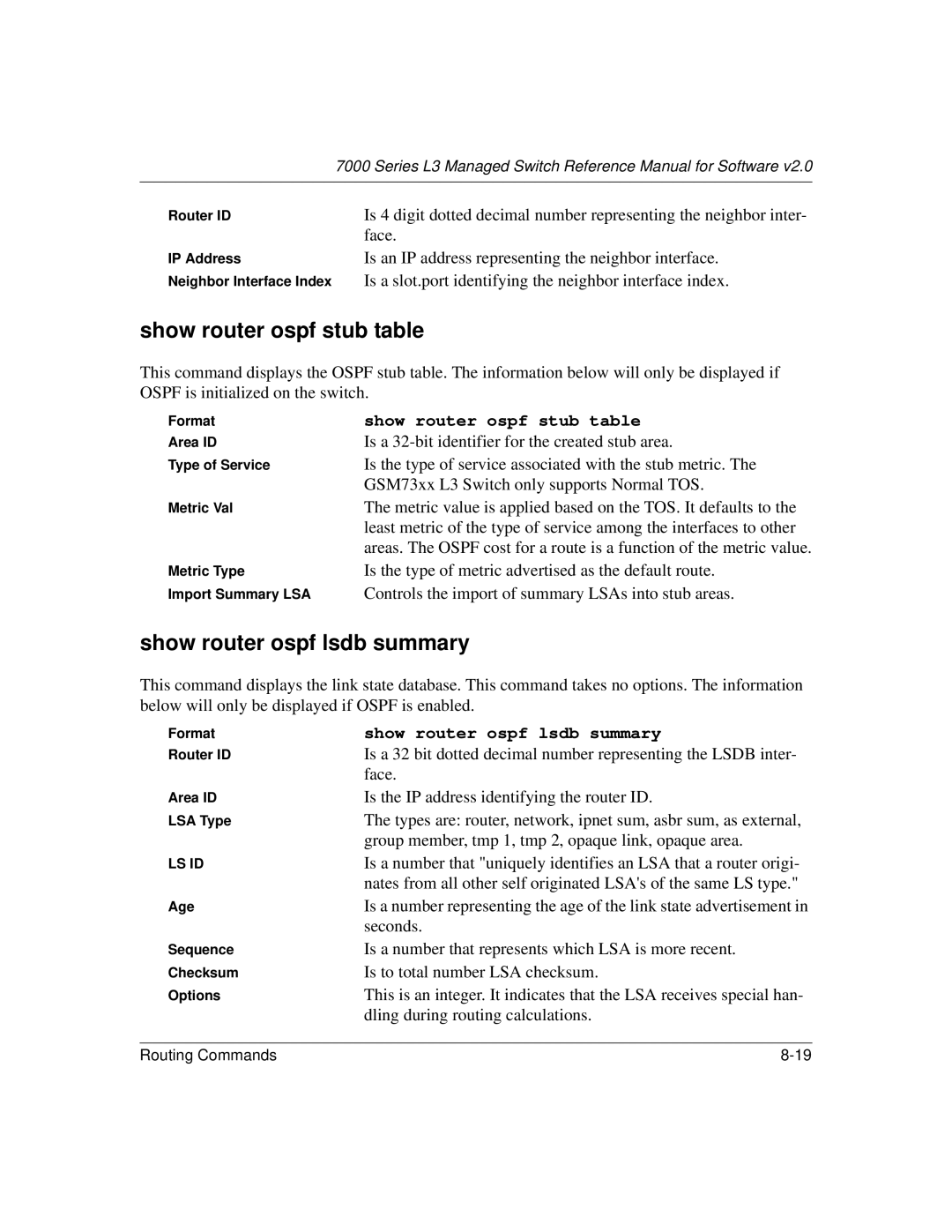 NETGEAR L3 manual Show router ospf stub table, Show router ospf lsdb summary 