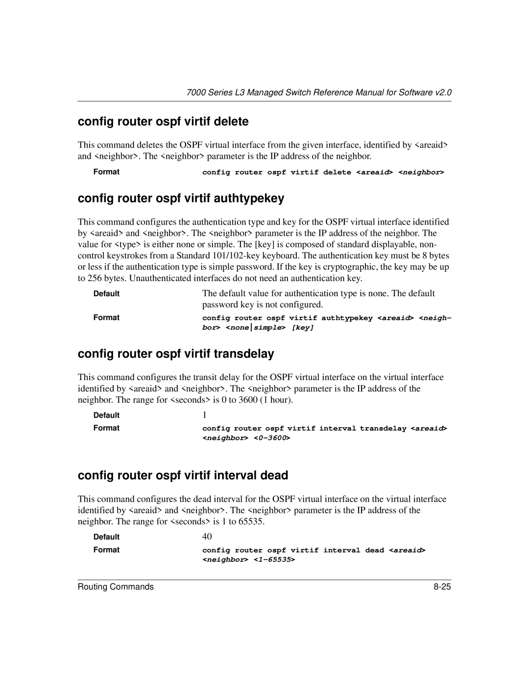 NETGEAR L3 Config router ospf virtif delete, Config router ospf virtif authtypekey, Config router ospf virtif transdelay 