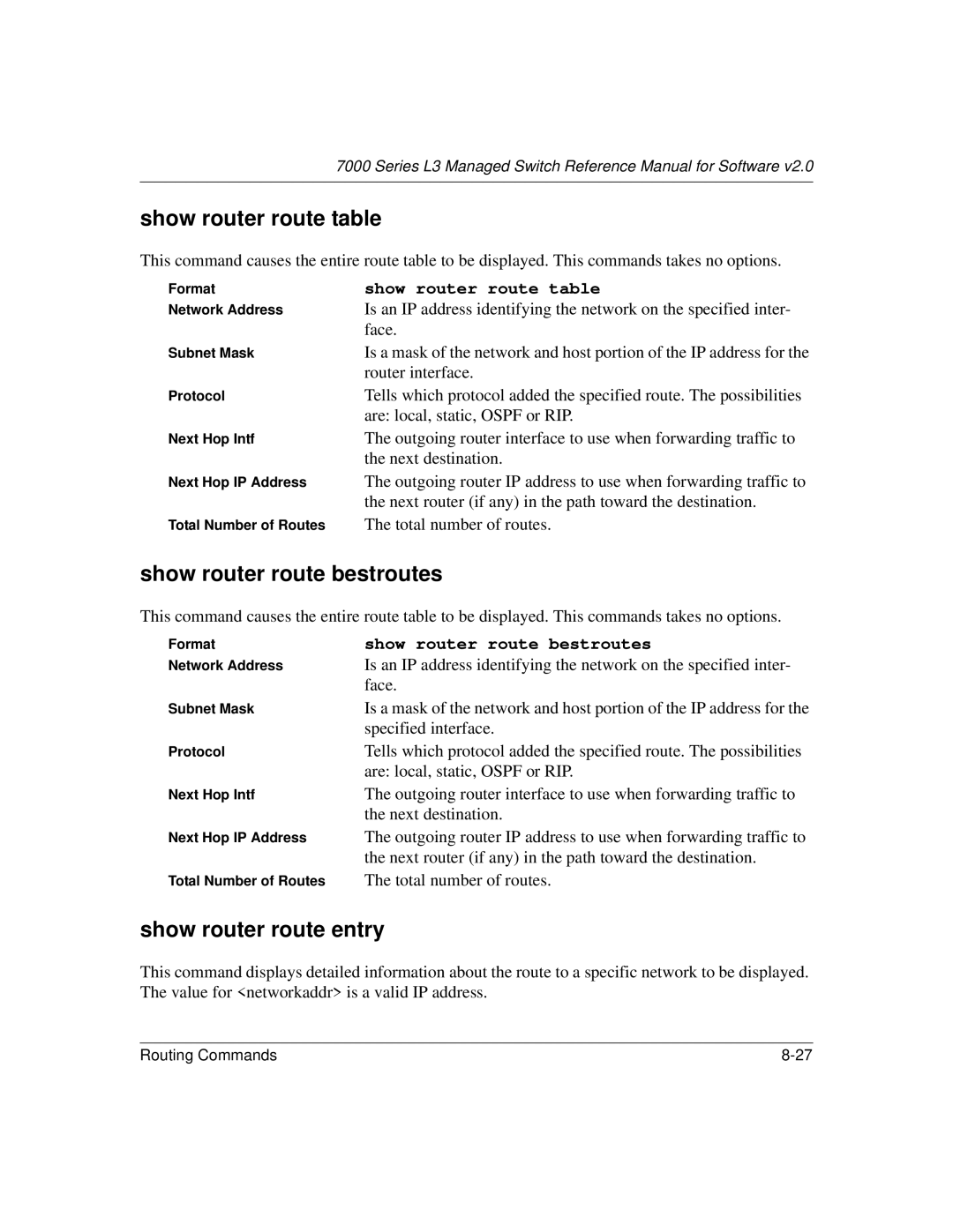 NETGEAR L3 manual Show router route table, Show router route bestroutes, Show router route entry 