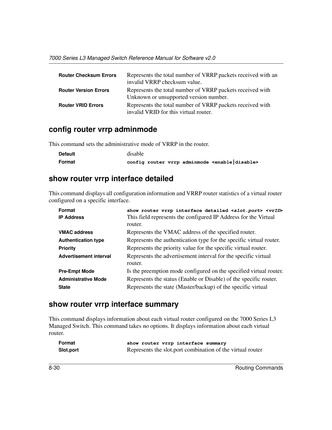 NETGEAR L3 manual Config router vrrp adminmode, Show router vrrp interface detailed, Show router vrrp interface summary 