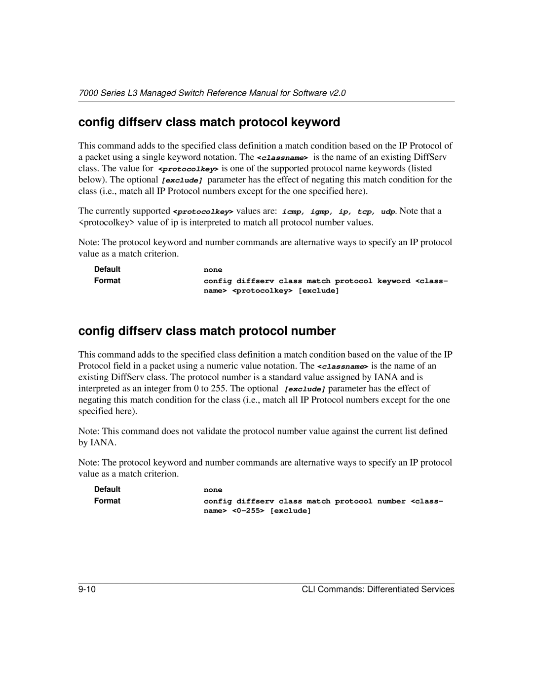 NETGEAR L3 manual Config diffserv class match protocol keyword, Config diffserv class match protocol number 