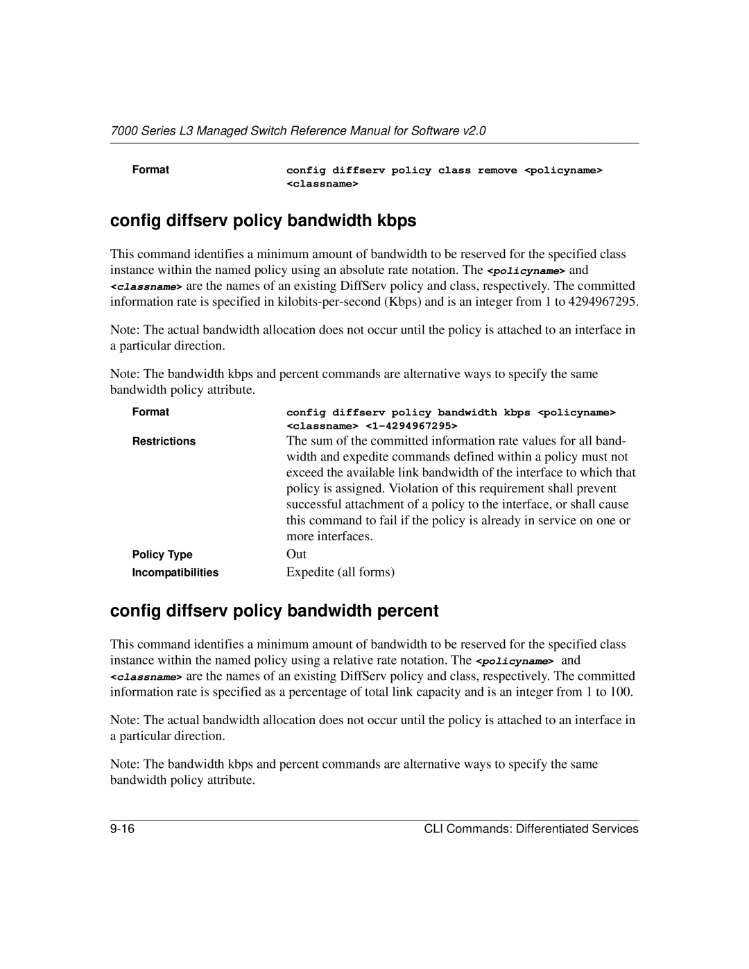 NETGEAR L3 manual Config diffserv policy bandwidth kbps, Config diffserv policy bandwidth percent 