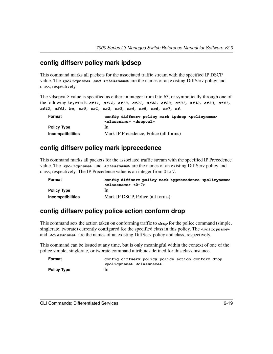 NETGEAR L3 Config diffserv policy mark ipdscp, Config diffserv policy mark ipprecedence, Mark IP DSCP, Police all forms 