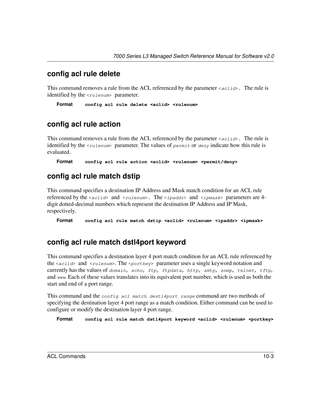 NETGEAR L3 manual Config acl rule delete, Config acl rule action, Config acl rule match dstip 