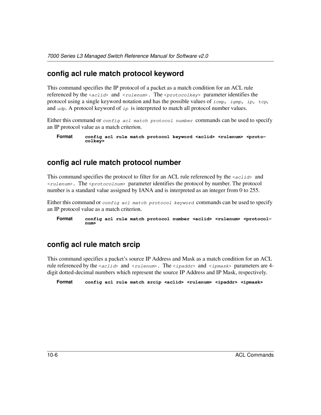 NETGEAR L3 Config acl rule match protocol keyword, Config acl rule match protocol number, Config acl rule match srcip 