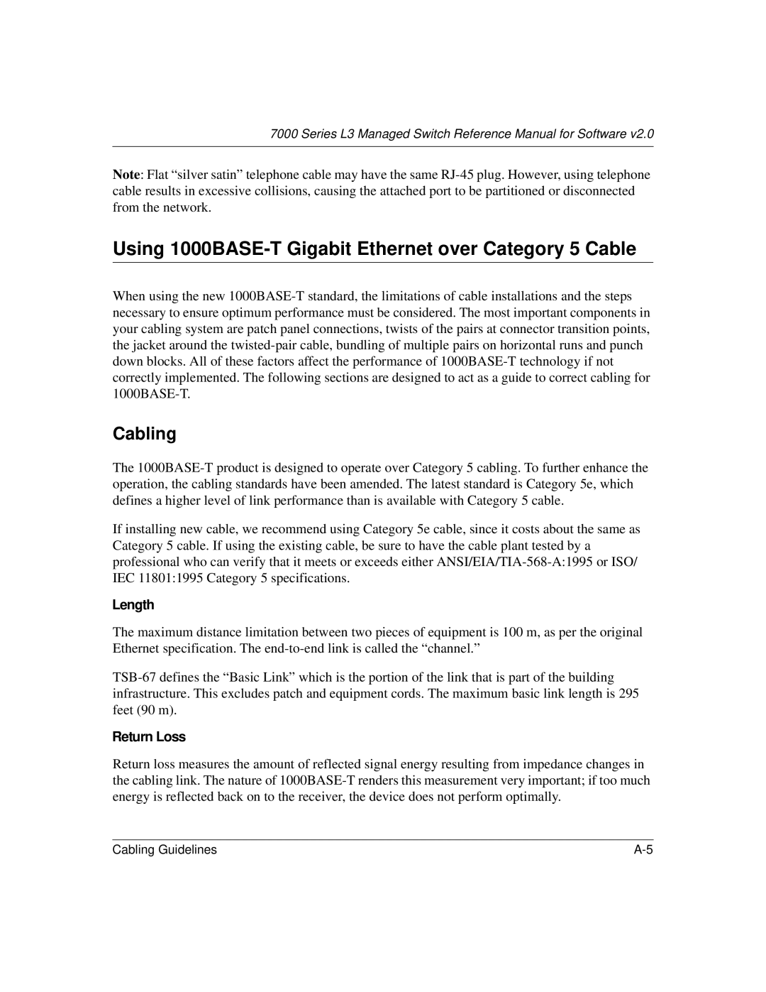 NETGEAR L3 manual Using 1000BASE-T Gigabit Ethernet over Category 5 Cable, Cabling 