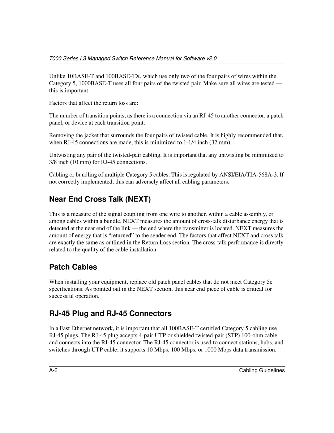 NETGEAR L3 manual Near End Cross Talk Next, Patch Cables, RJ-45 Plug and RJ-45 Connectors 