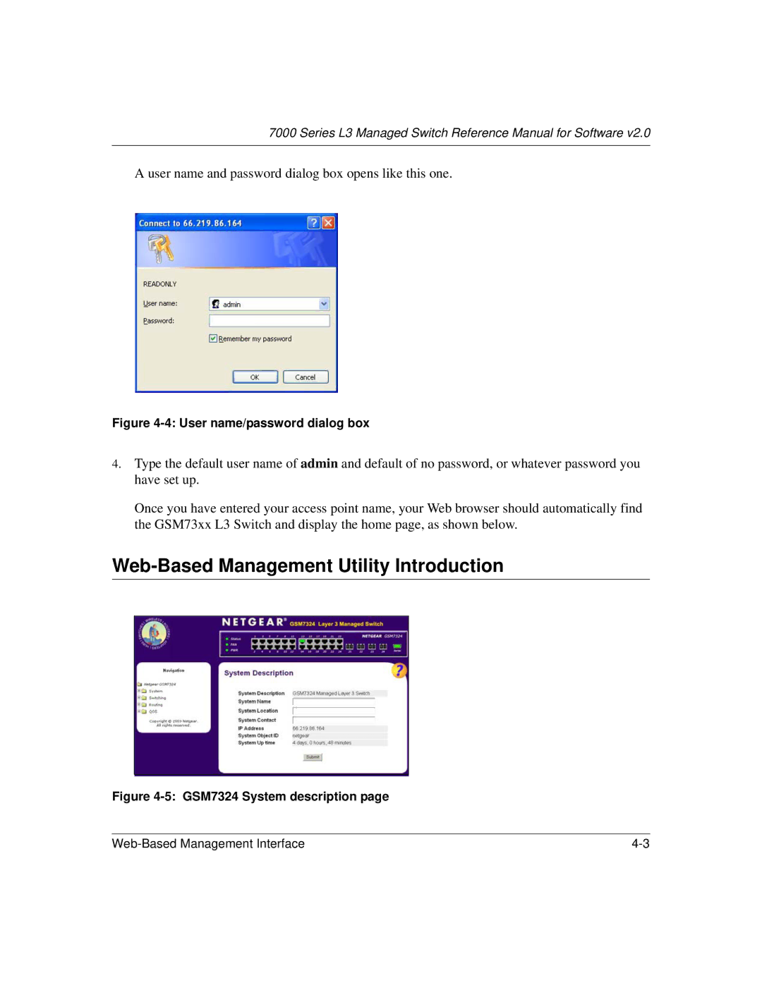 NETGEAR L3 manual Web-Based Management Utility Introduction, User name/password dialog box 