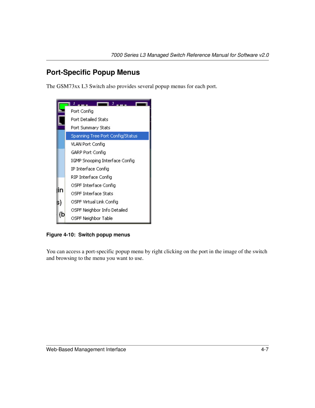 NETGEAR L3 manual Port-Specific Popup Menus, Switch popup menus 