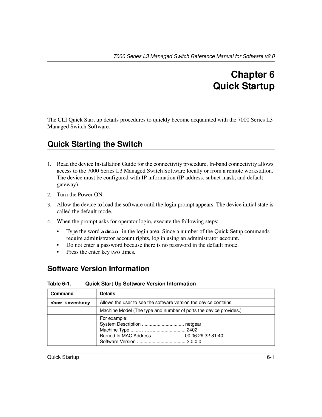 NETGEAR L3 manual Quick Starting the Switch, Software Version Information 