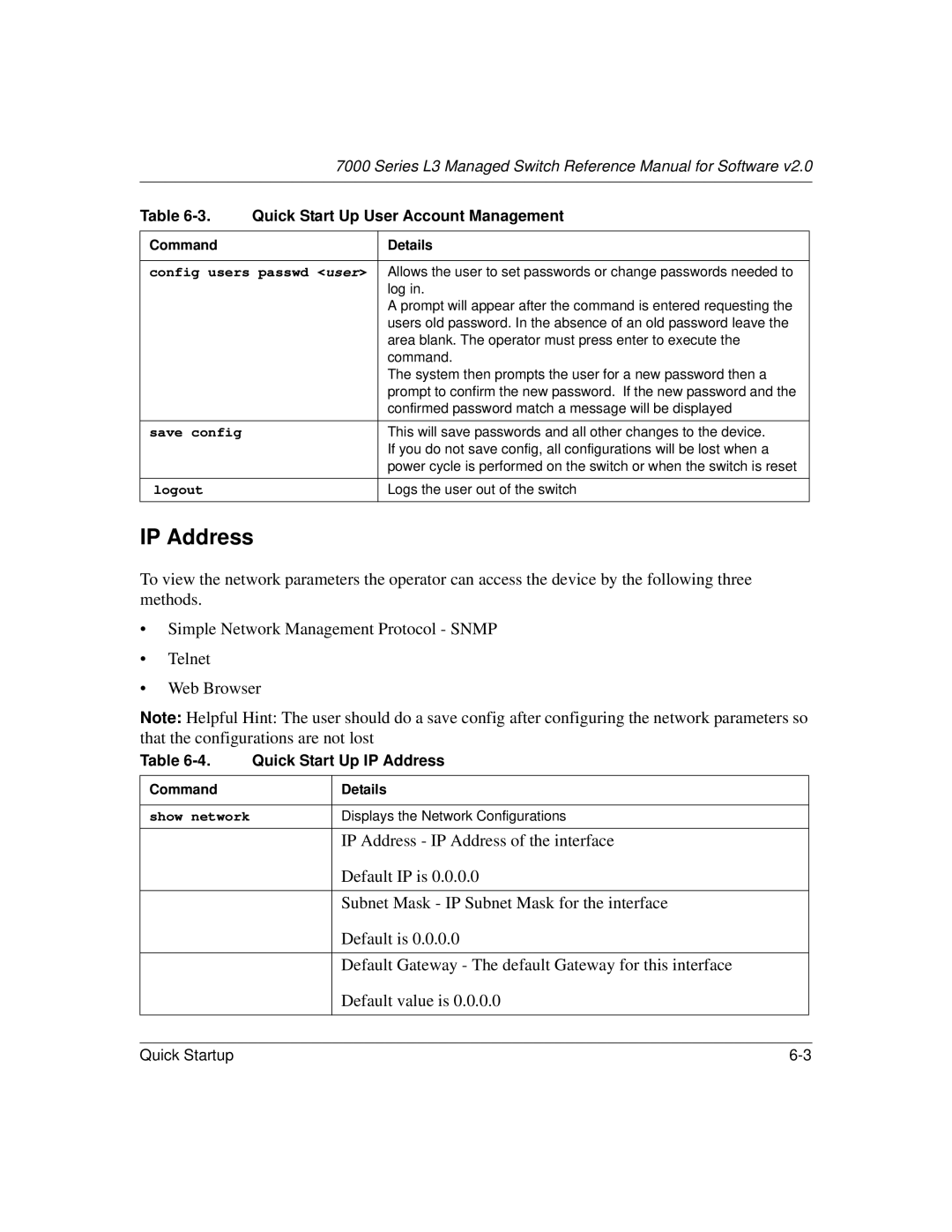 NETGEAR L3 manual IP Address, Config users passwd user 