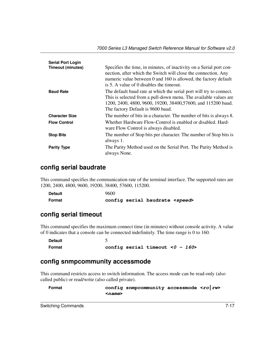 NETGEAR L3 manual Config serial baudrate, Config serial timeout, Config snmpcommunity accessmode, 9600 