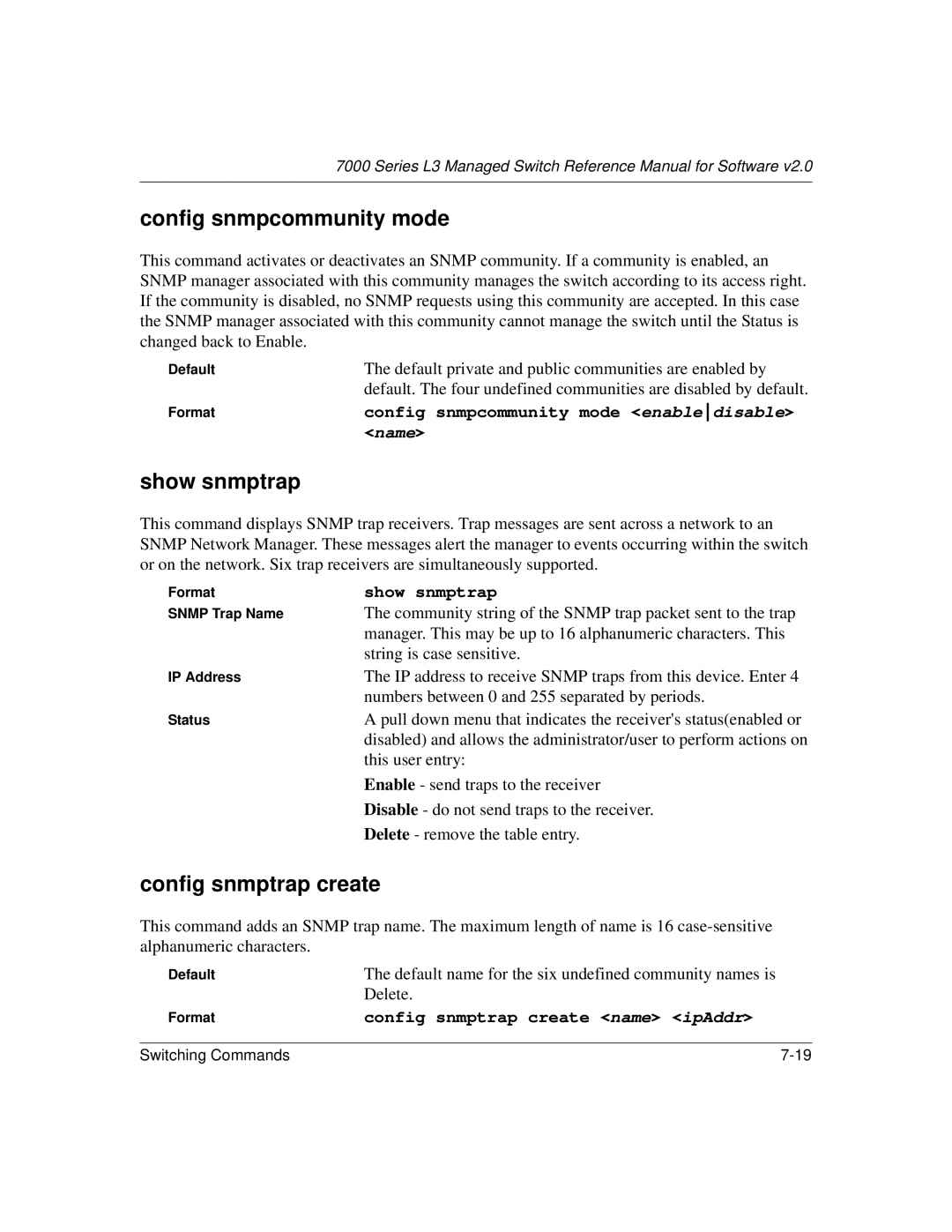 NETGEAR L3 manual Config snmpcommunity mode, Show snmptrap, Config snmptrap create 