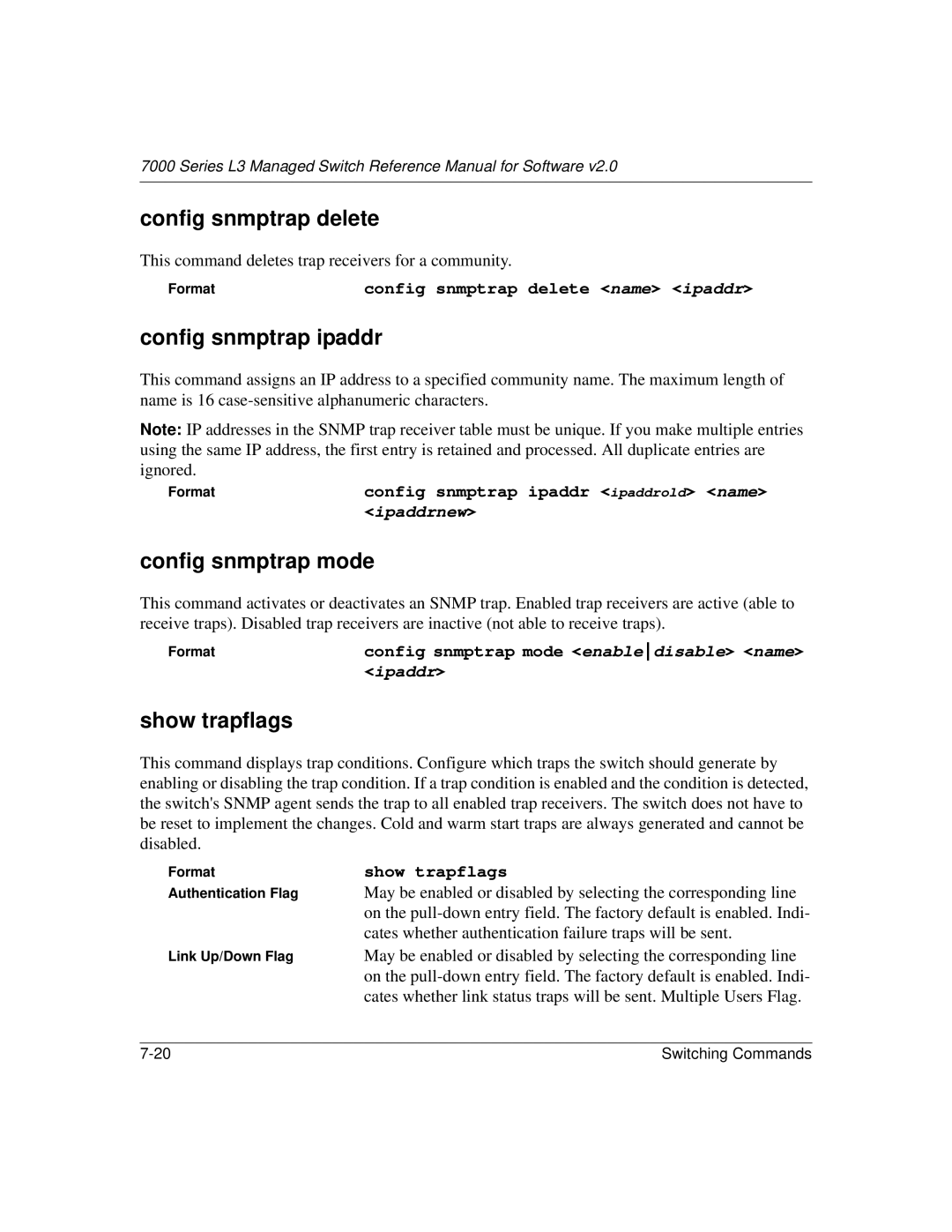 NETGEAR L3 manual Config snmptrap delete, Config snmptrap ipaddr, Config snmptrap mode, Show trapflags 