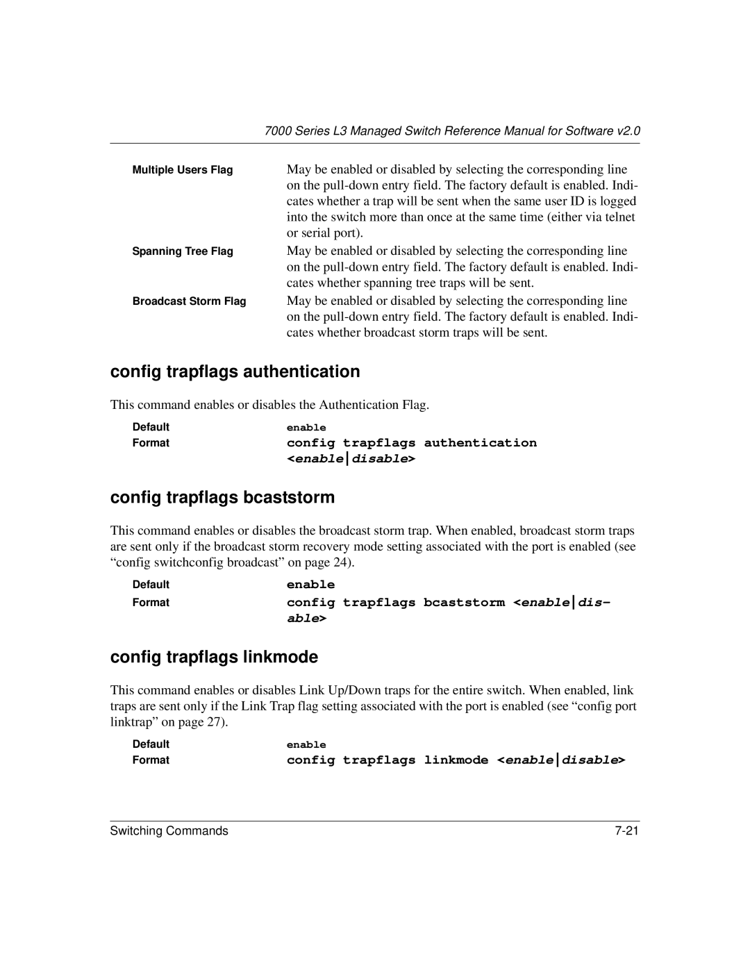 NETGEAR L3 manual Config trapflags authentication, Config trapflags bcaststorm, Config trapflags linkmode 