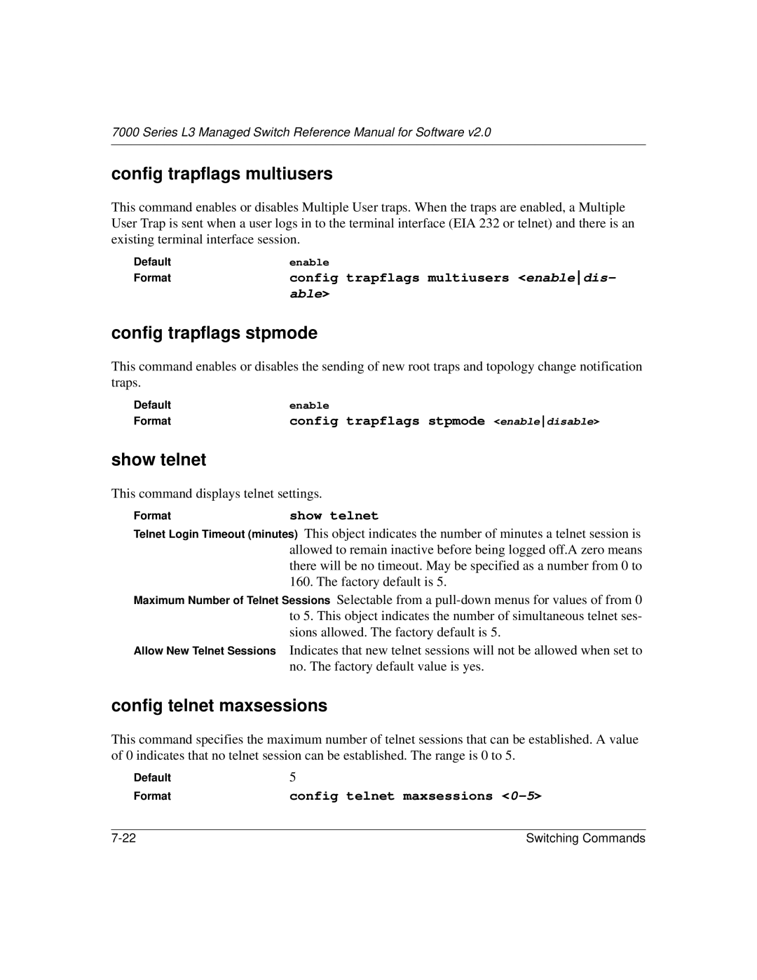 NETGEAR L3 manual Config trapflags multiusers, Config trapflags stpmode, Show telnet, Config telnet maxsessions 