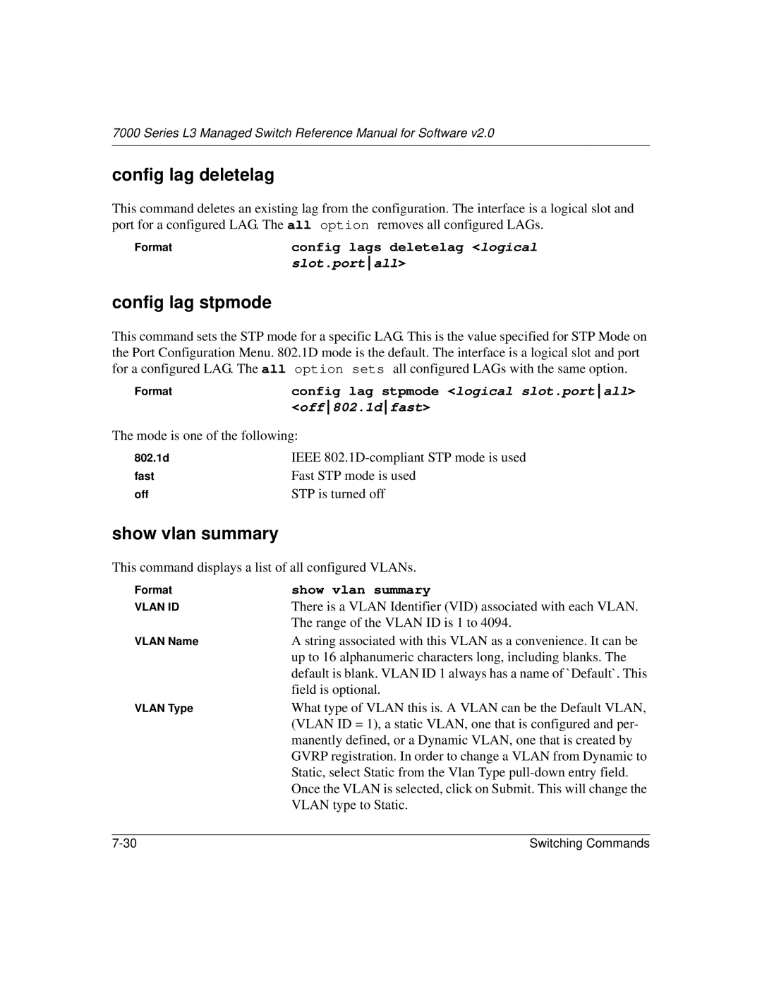 NETGEAR L3 manual Config lag deletelag, Config lag stpmode, Show vlan summary 