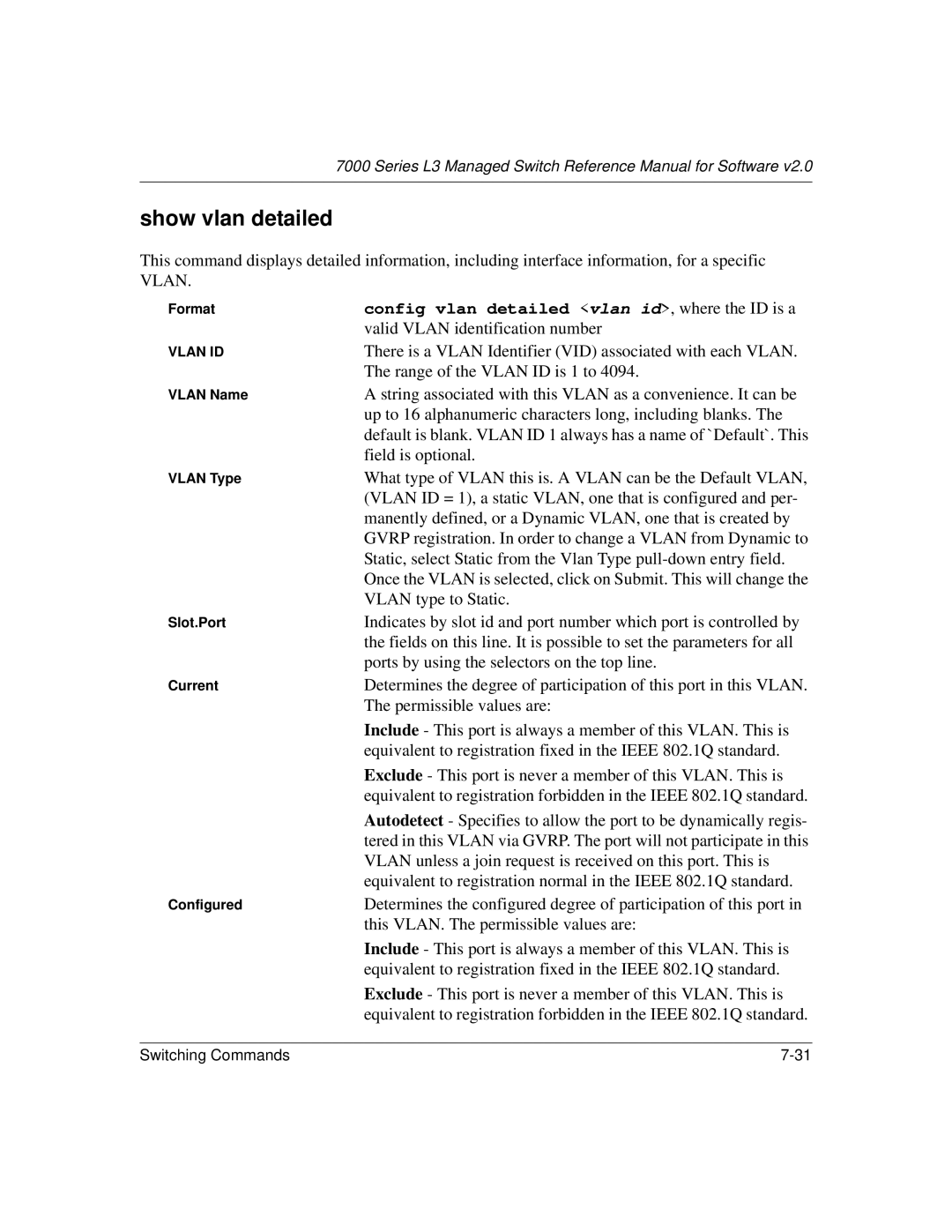 NETGEAR L3 manual Show vlan detailed, Config vlan detailed vlan id, where the ID is a 