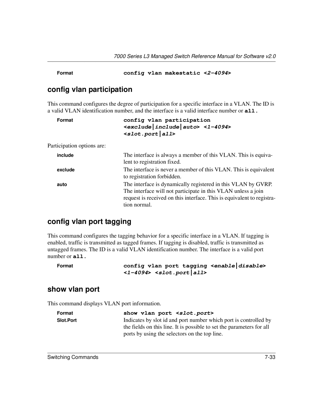 NETGEAR L3 manual Config vlan participation, Config vlan port tagging, Show vlan port 