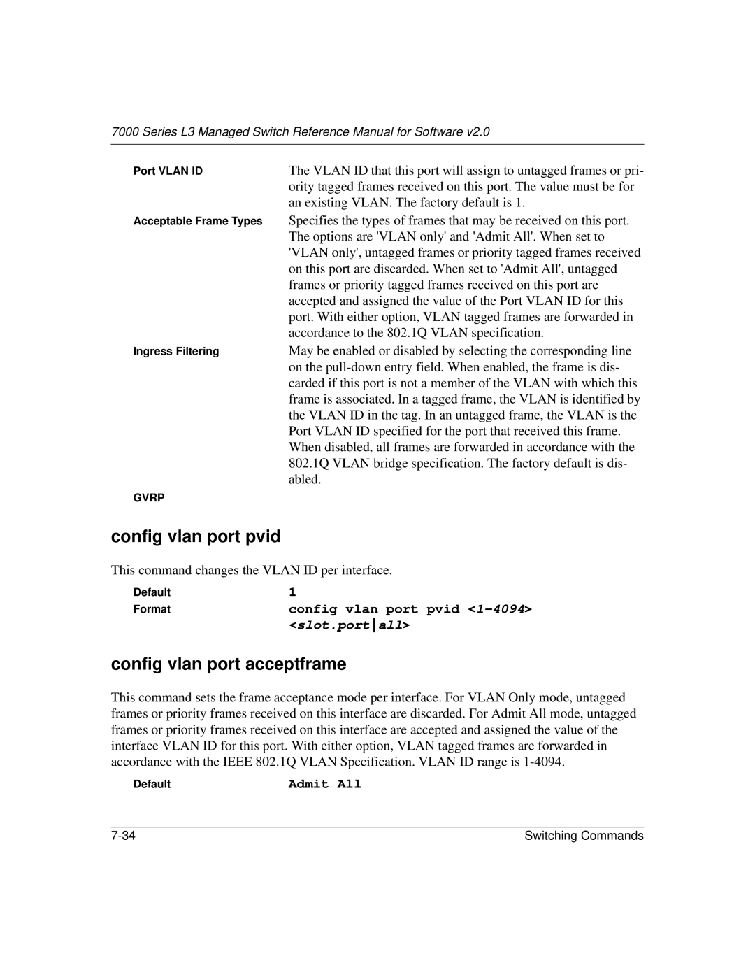 NETGEAR L3 manual Config vlan port pvid, Config vlan port acceptframe, Admit All 