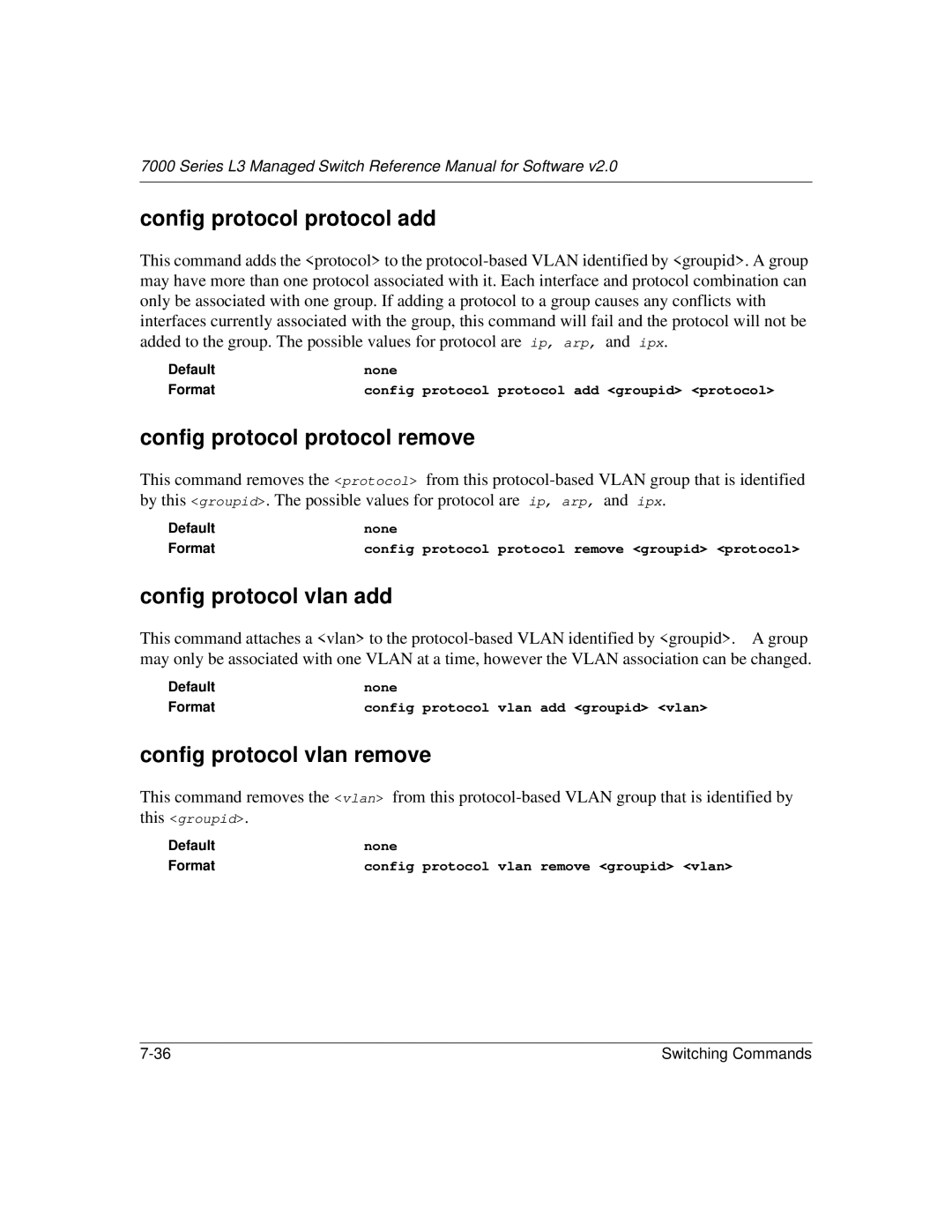 NETGEAR L3 manual Config protocol protocol add, Config protocol protocol remove, Config protocol vlan add 