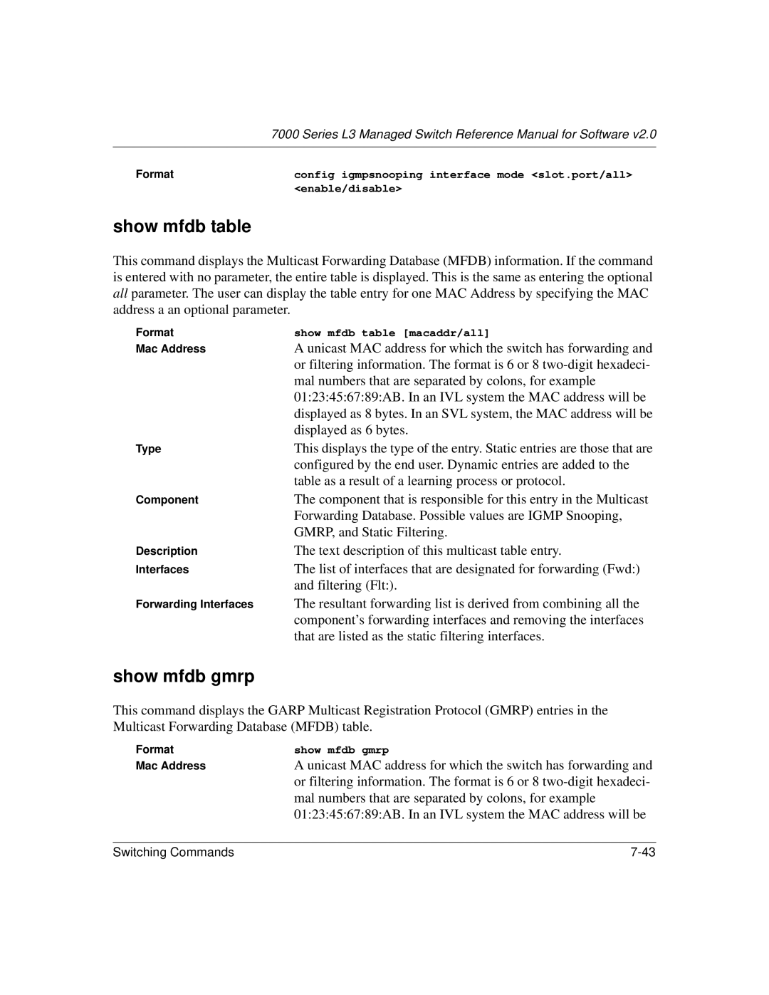 NETGEAR L3 manual Show mfdb table, Show mfdb gmrp 