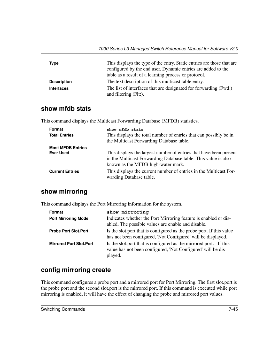 NETGEAR L3 manual Show mfdb stats, Show mirroring, Config mirroring create 