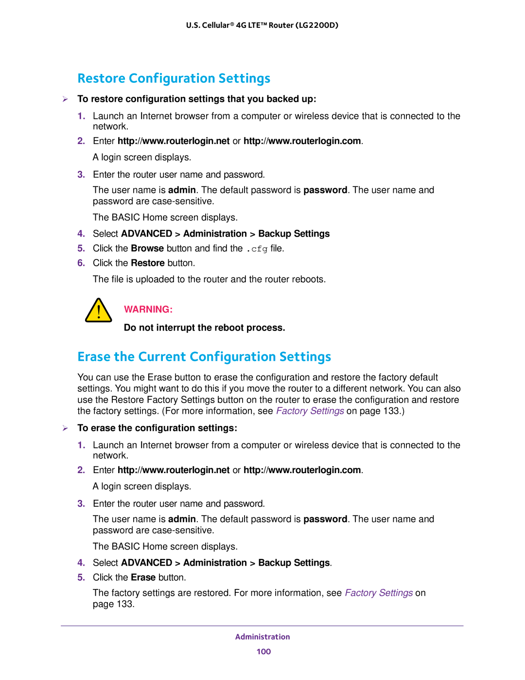 NETGEAR (LG2200D) user manual Restore Configuration Settings, Erase the Current Configuration Settings 