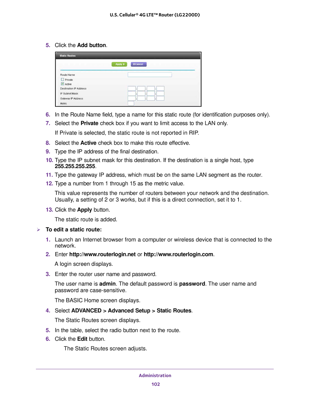 NETGEAR (LG2200D) user manual  To edit a static route 