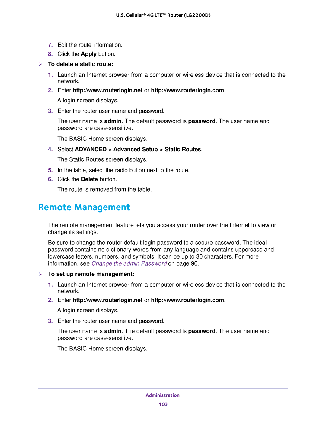 NETGEAR (LG2200D) user manual Remote Management,  To delete a static route,  To set up remote management 