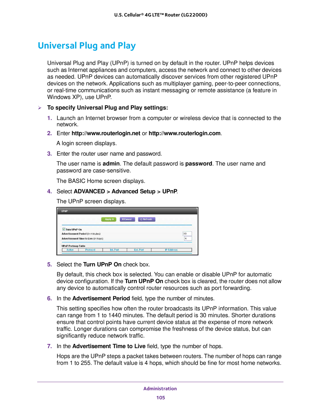 NETGEAR (LG2200D) user manual  To specify Universal Plug and Play settings 