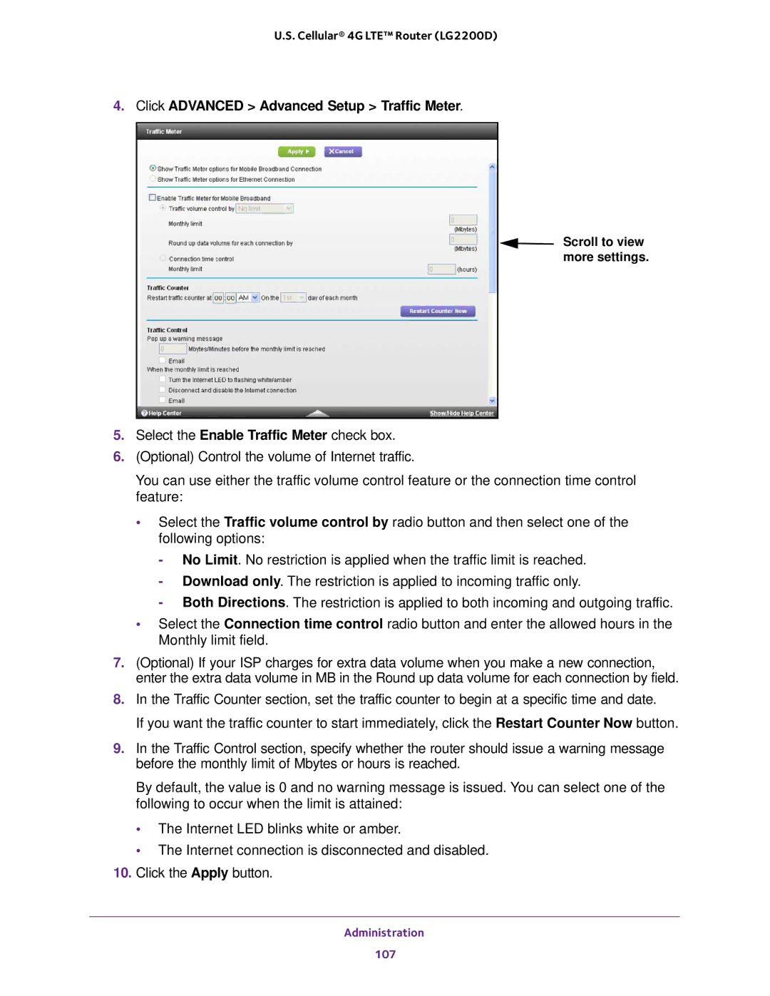 NETGEAR (LG2200D) user manual Click Advanced Advanced Setup Traffic Meter 