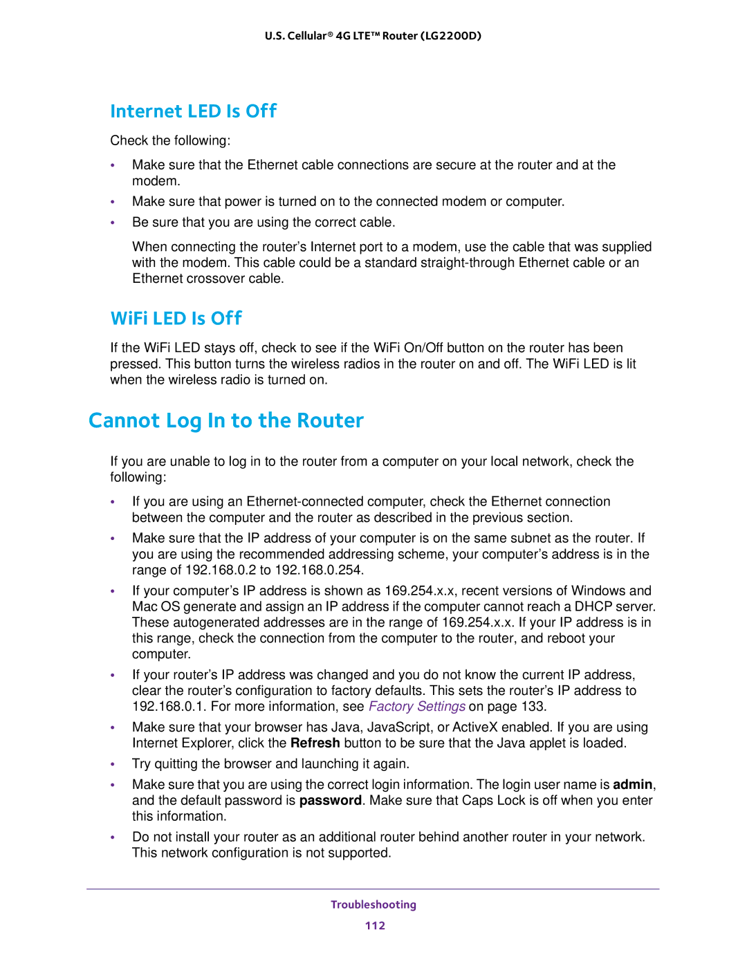 NETGEAR (LG2200D) user manual Cannot Log In to the Router, Internet LED Is Off, WiFi LED Is Off 