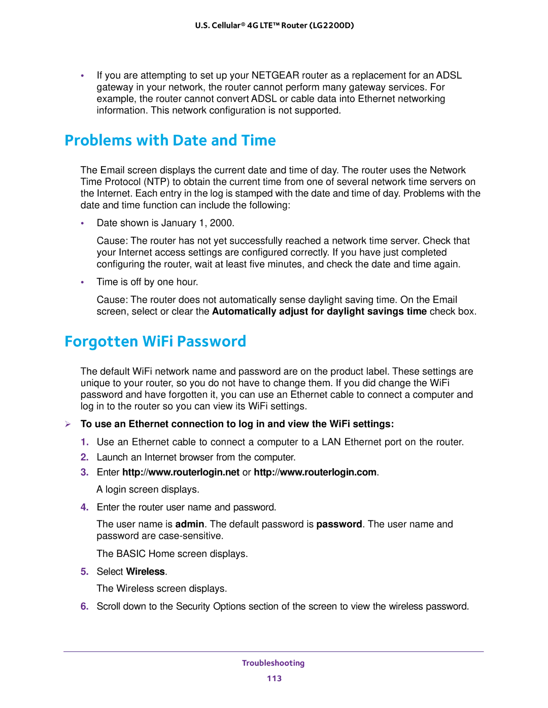 NETGEAR (LG2200D) user manual Problems with Date and Time, Forgotten WiFi Password 