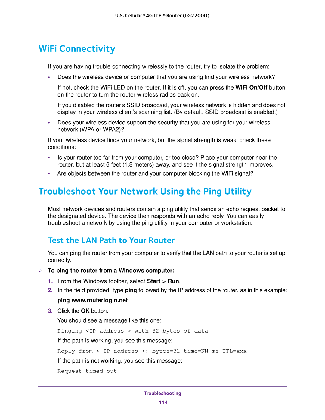 NETGEAR (LG2200D) WiFi Connectivity, Troubleshoot Your Network Using the Ping Utility, Test the LAN Path to Your Router 